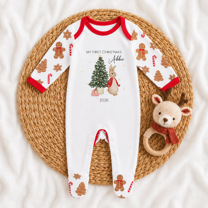 Personalised Red Rabbit My First Christmas Pattern Baby Grow