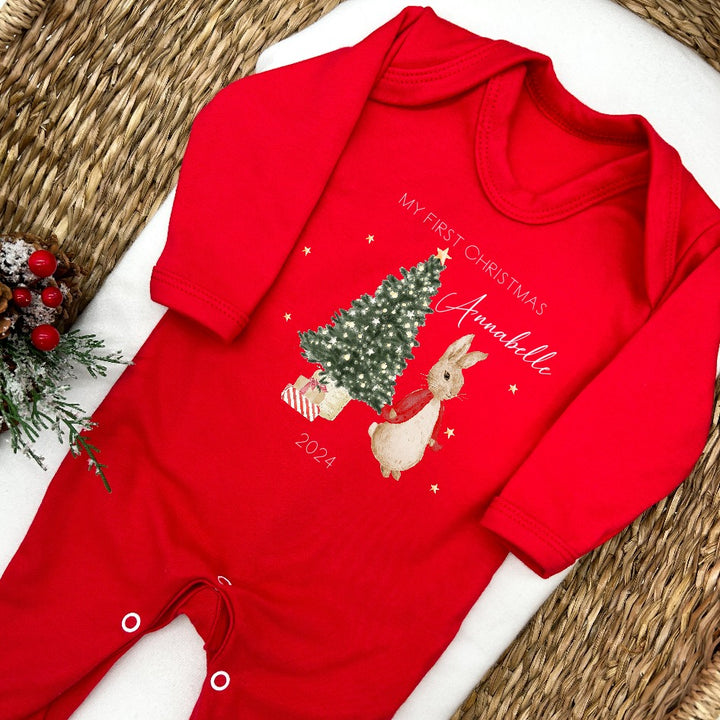 Personalised Red Rabbit First Christmas Personalised Red Babygrow