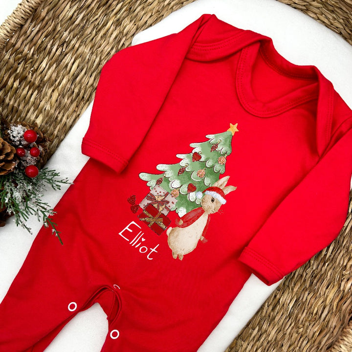 Red Rabbit Christmas Tree Personalised Red Babygrow