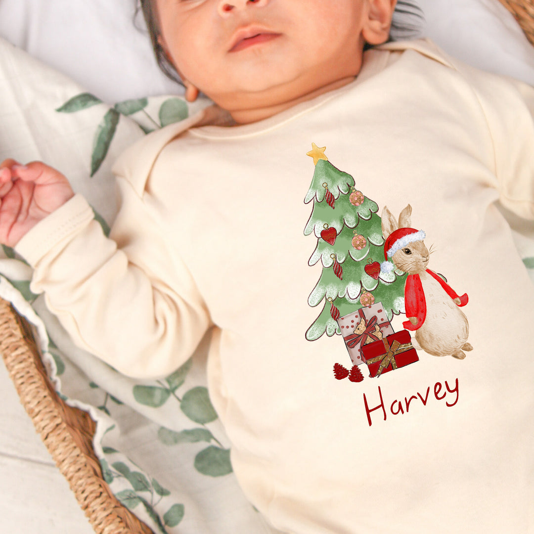 Personalised Red Rabbit Christmas Beige Babygrow optional Hat Headband