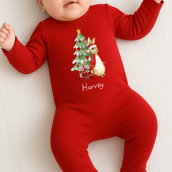 Red Rabbit Christmas Tree Personalised Red Babygrow