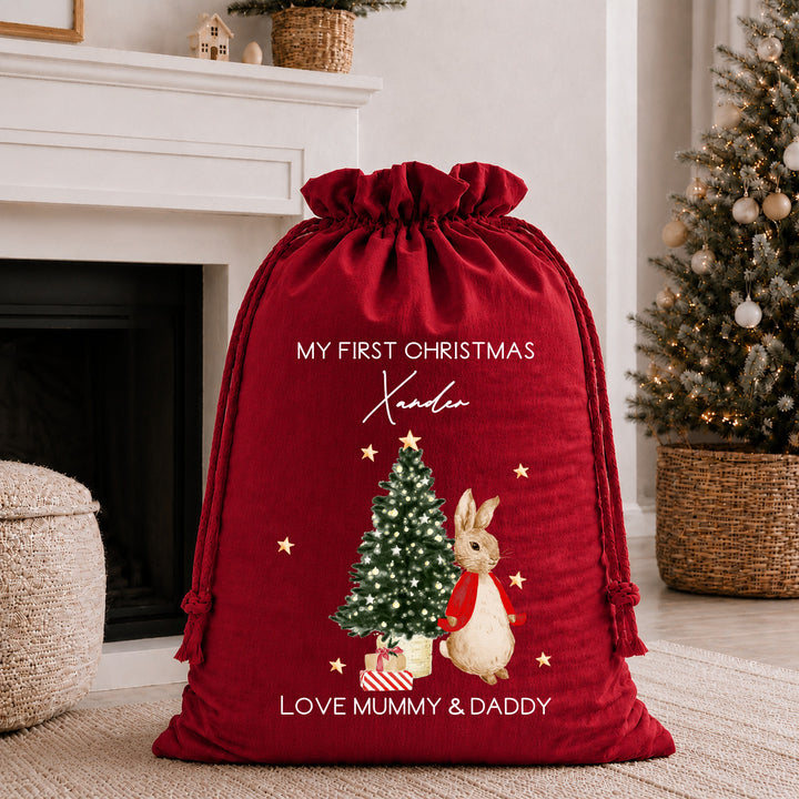 Personalised Red Rabbit My First Christmas Stocking or Santa Sack