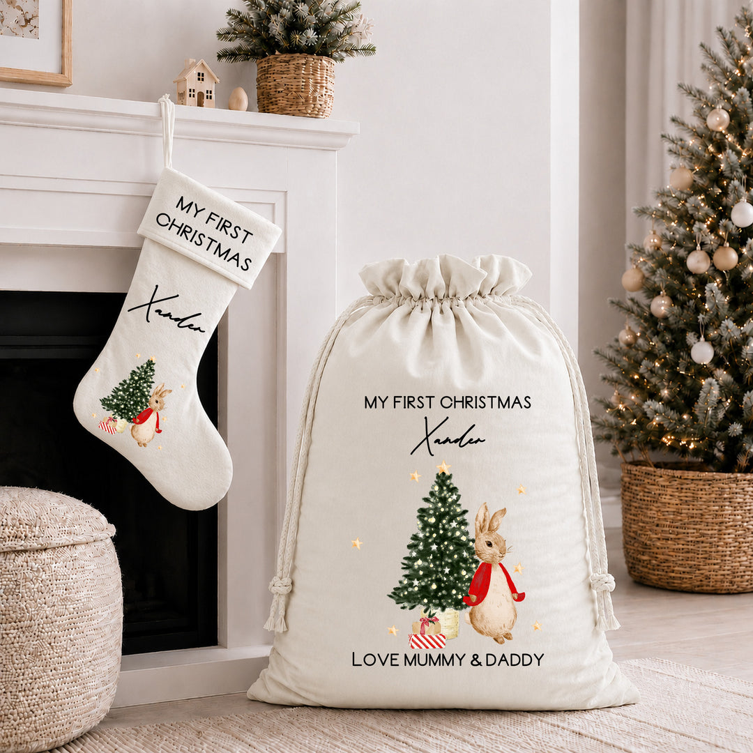 Personalised Red Rabbit My First Christmas Stocking or Santa Sack