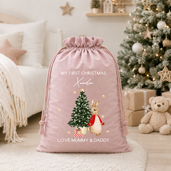 Personalised Red Rabbit My First Christmas Stocking or Santa Sack