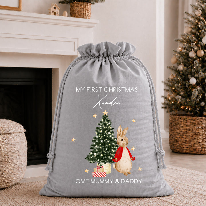 Personalised Red Rabbit My First Christmas Stocking or Santa Sack