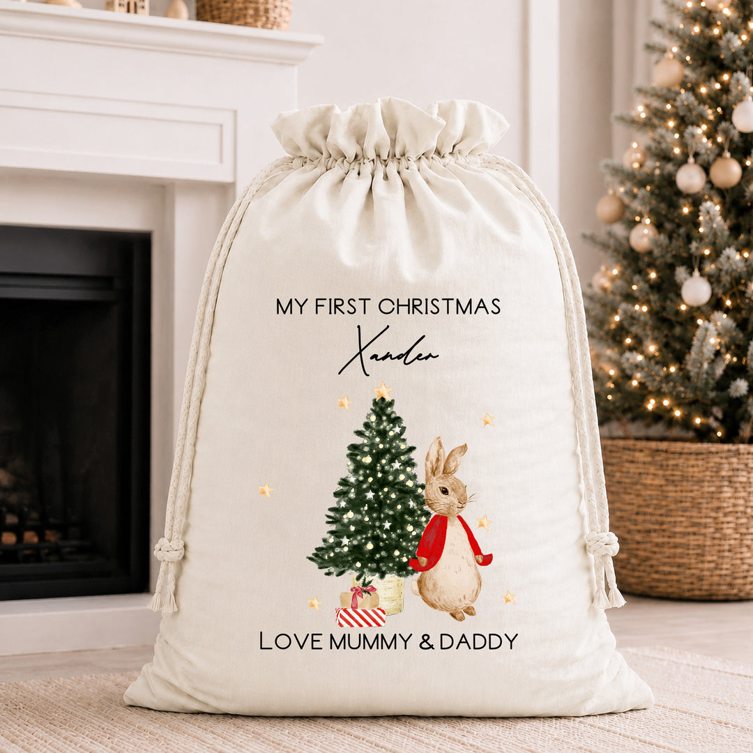 Personalised Red Rabbit My First Christmas Stocking or Santa Sack