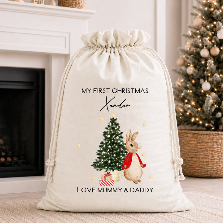 Personalised Red Rabbit My First Christmas Stocking or Santa Sack