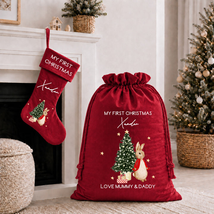 Personalised Red Rabbit My First Christmas Stocking or Santa Sack