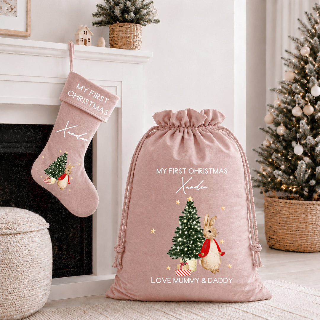 Personalised Red Rabbit My First Christmas Stocking or Santa Sack