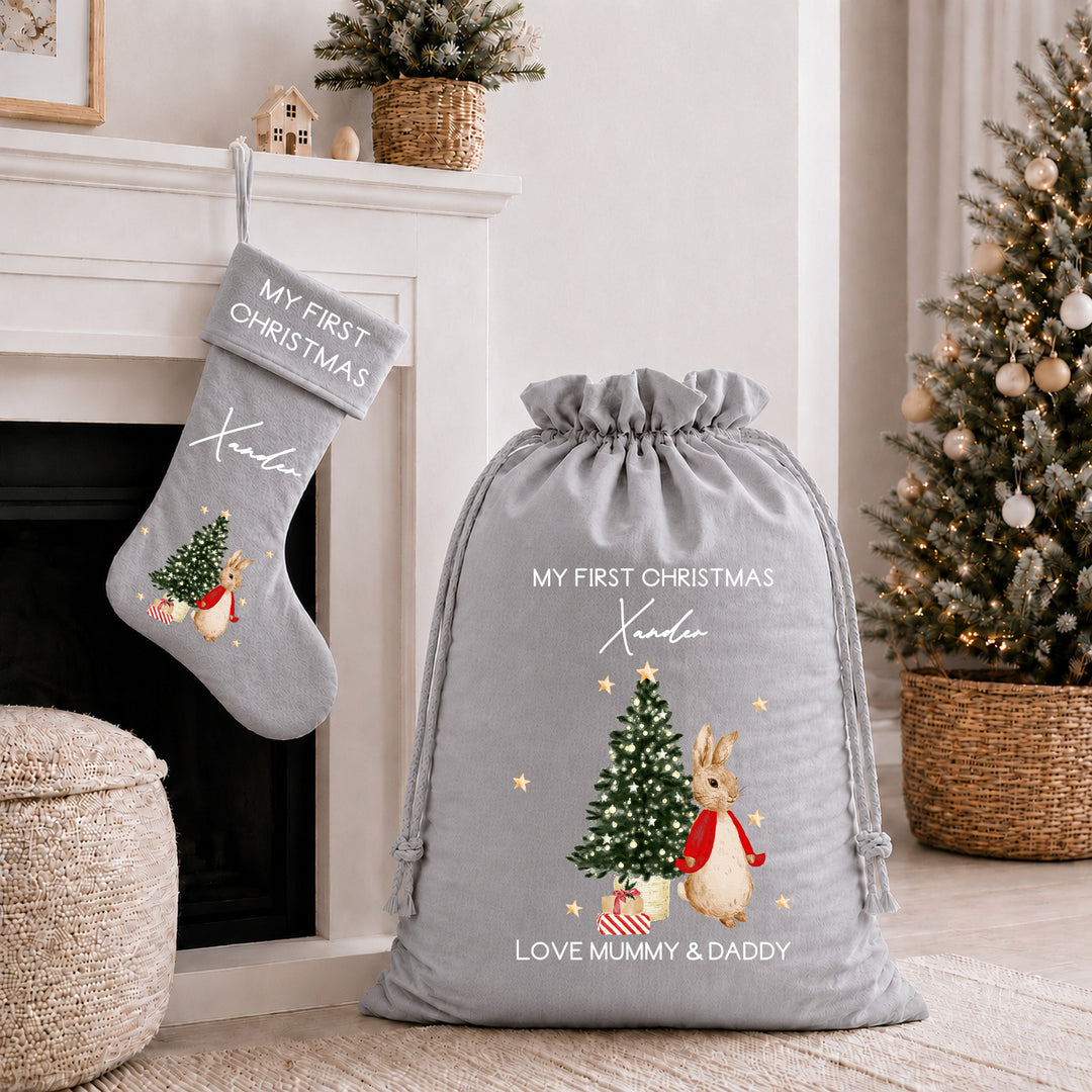 Personalised Red Rabbit My First Christmas Stocking or Santa Sack