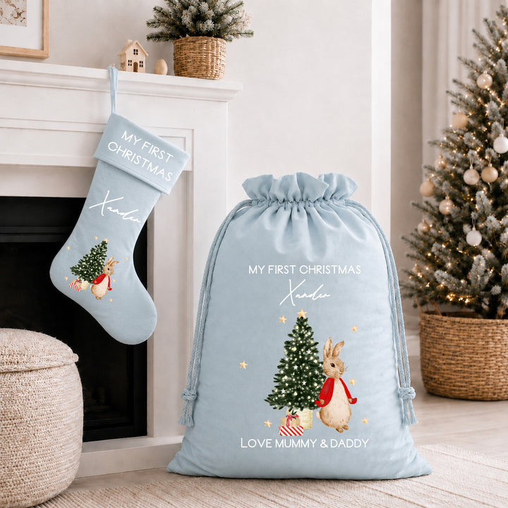 Personalised Red Rabbit My First Christmas Stocking or Santa Sack