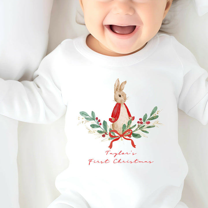 Personalised Red Rabbit Wreath Christmas Babygrow