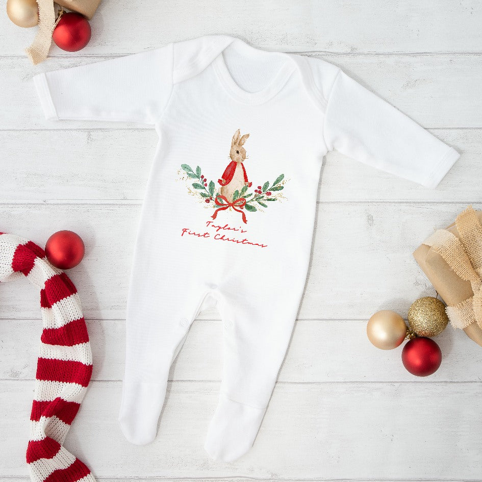 Personalised Red Rabbit Wreath Christmas Babygrow