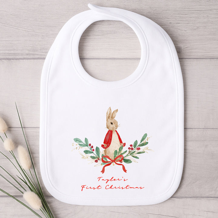 Personalised Red Rabbit Wreath First Christmas Bib