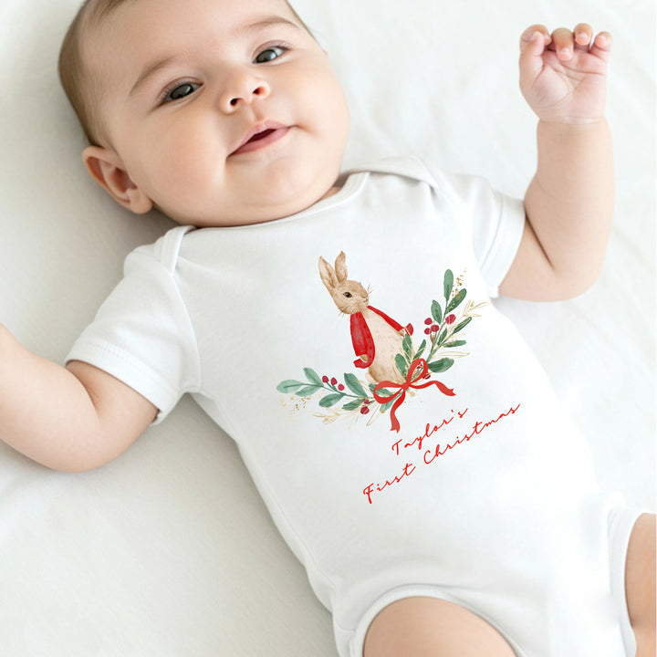 Personalised Red Rabbit Wreath Christmas Baby Grow/Vest