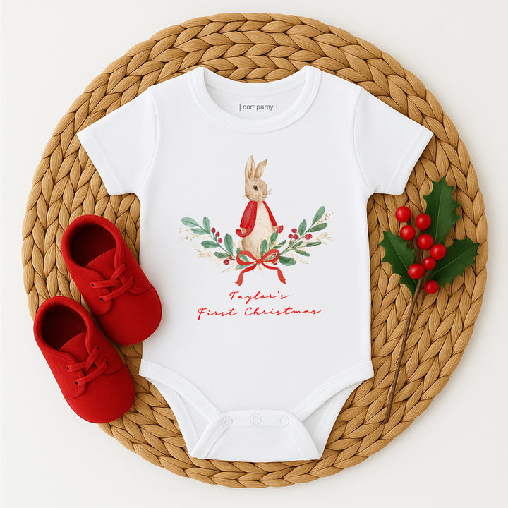 Personalised Red Rabbit Wreath Christmas Baby Grow/Vest