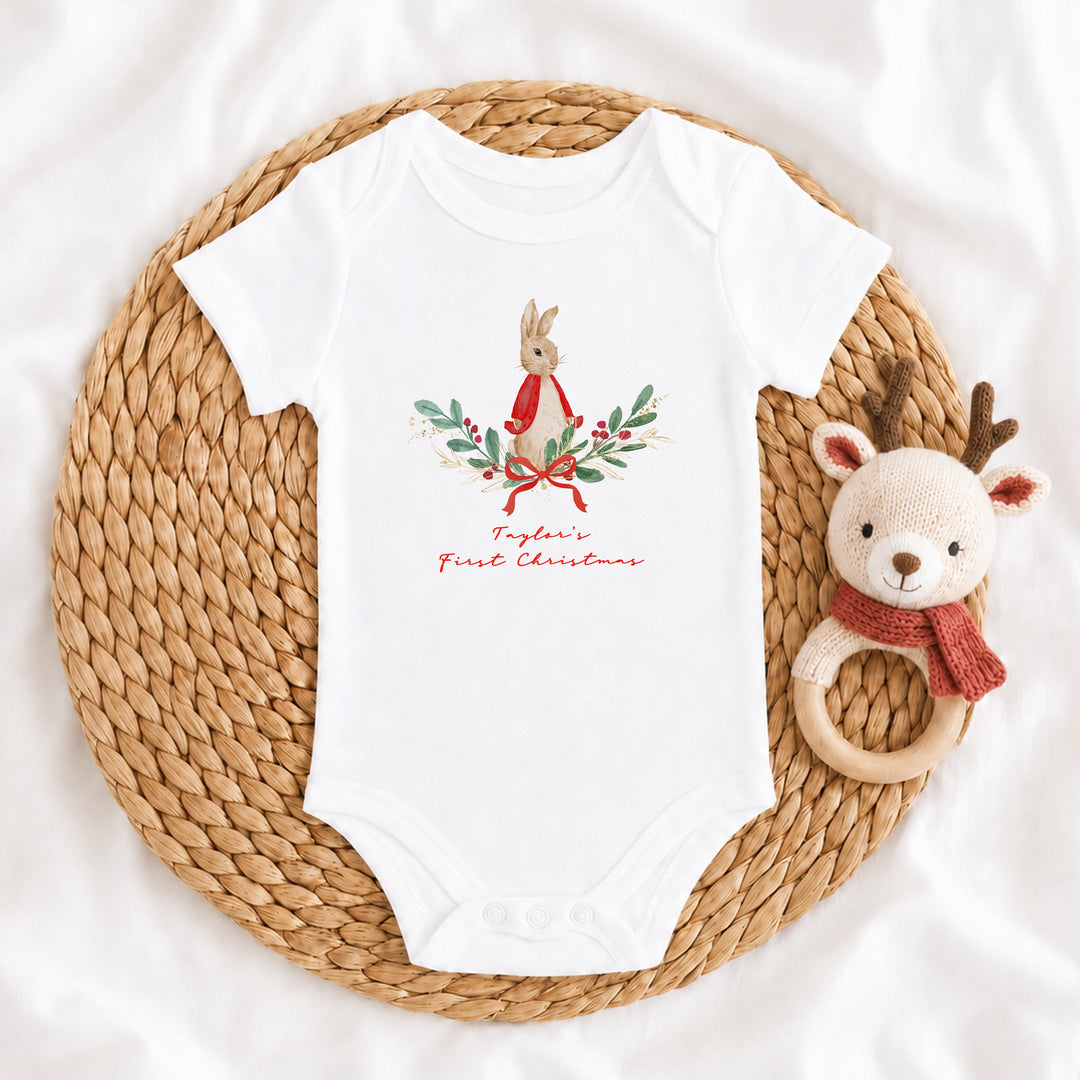 Personalised Red Rabbit Wreath My First Christmas Baby Grow, Vest or Bib