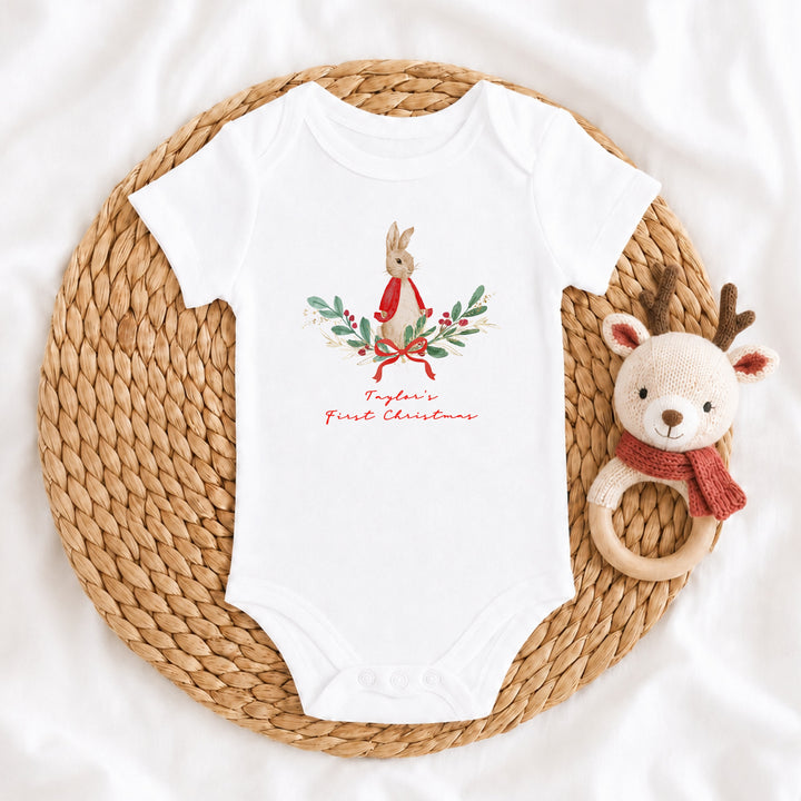 Personalised Red Rabbit Wreath My First Christmas Baby Grow, Vest or Bib
