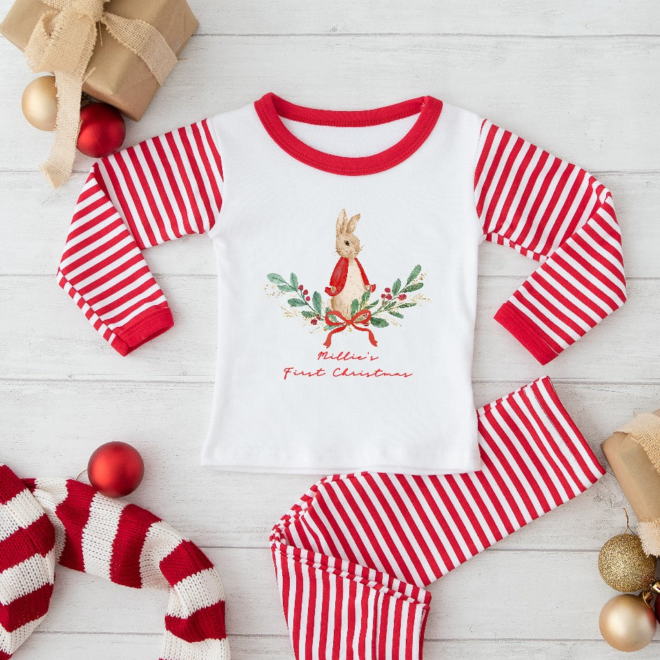 Personalised Red Rabbit Wreath Red Striped Christmas Pyjamas