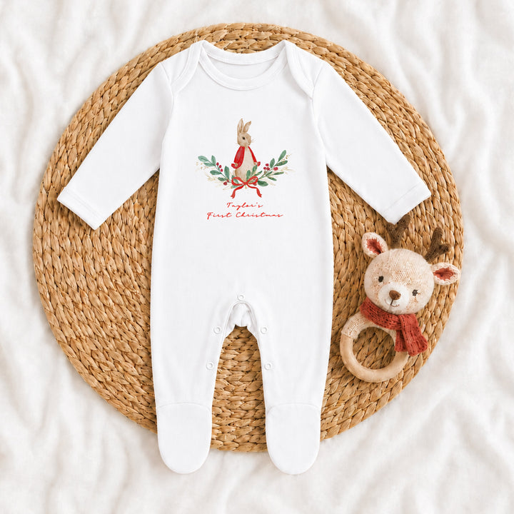 Personalised Red Rabbit Wreath My First Christmas Baby Grow, Vest or Bib