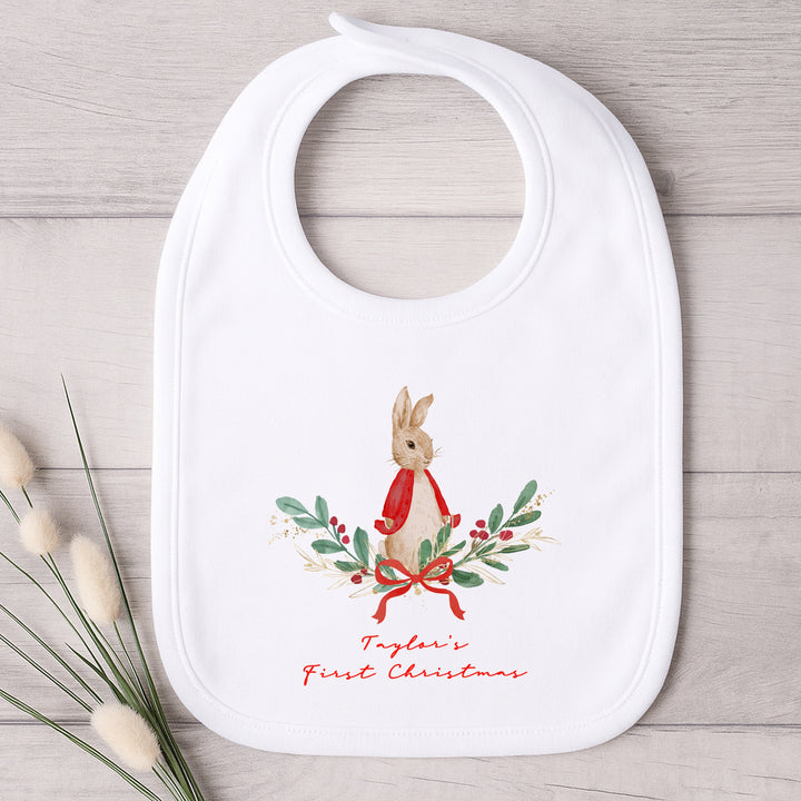 Personalised Red Rabbit Wreath My First Christmas Baby Grow, Vest or Bib