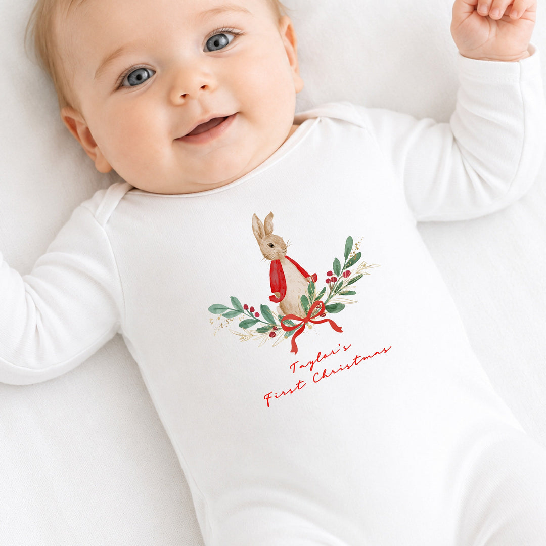 Personalised Red Rabbit Wreath My First Christmas Baby Grow, Vest or Bib