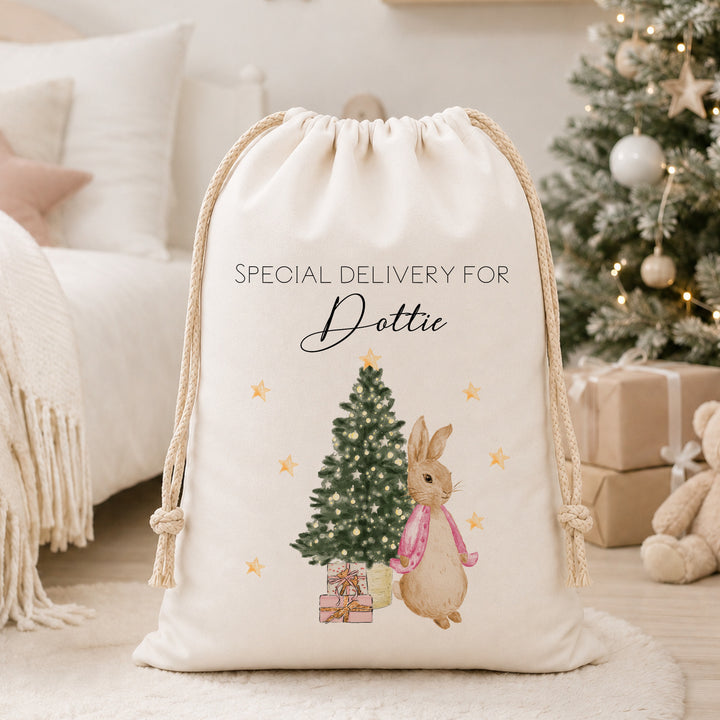 Personalised Red, Pink Or Blue Rabbit Christmas Canvas Santa Sack