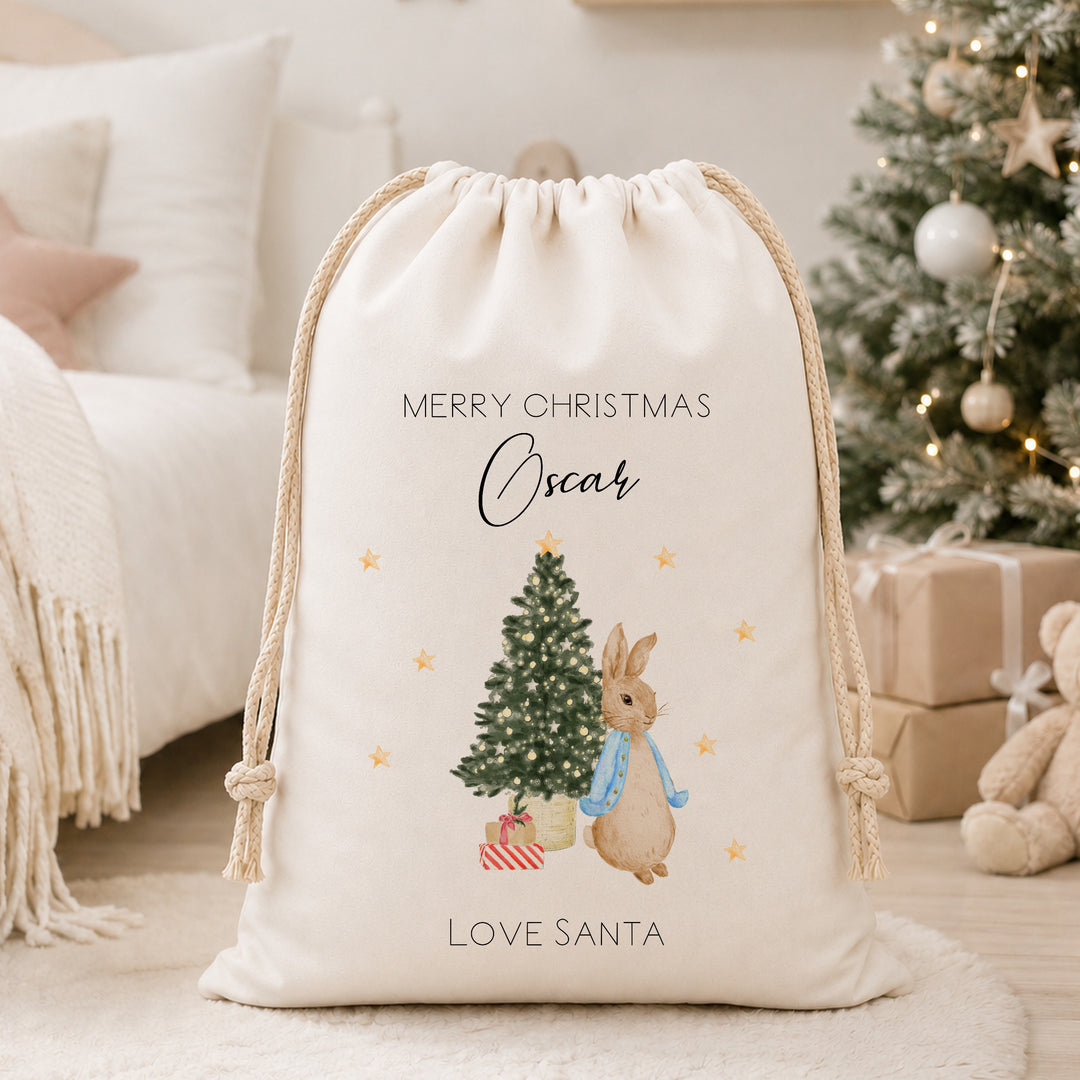Personalised Red, Pink Or Blue Rabbit Christmas Canvas Santa Sack