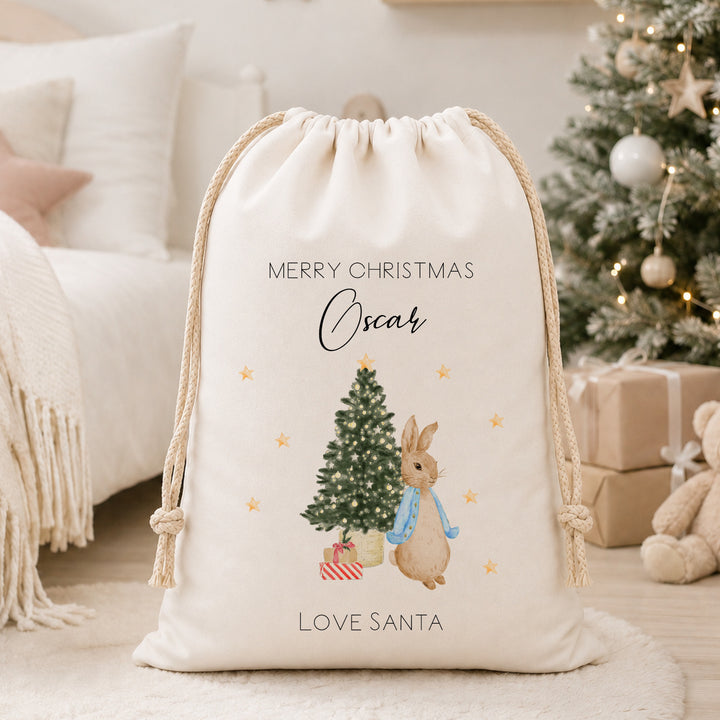Personalised Red, Pink Or Blue Rabbit Christmas Canvas Santa Sack