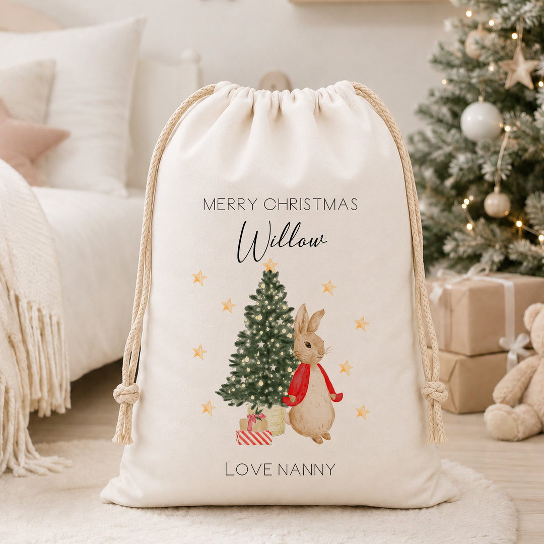 Personalised Red, Pink Or Blue Rabbit Christmas Canvas Santa Sack