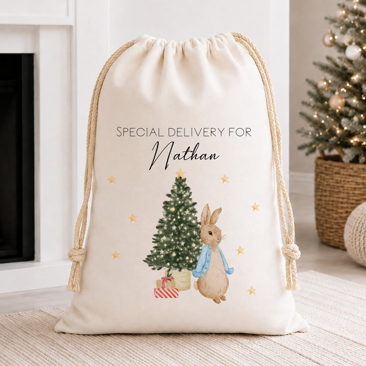 Personalised Red, Pink Or Blue Rabbit Christmas Canvas Santa Sack