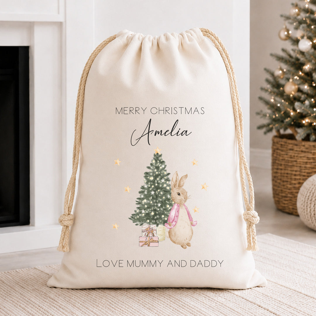 Personalised Red, Pink Or Blue Rabbit Christmas Canvas Santa Sack