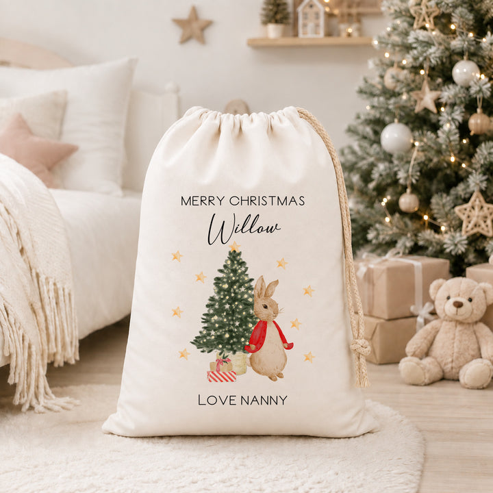 Personalised Red, Pink Or Blue Rabbit Christmas Canvas Santa Sack