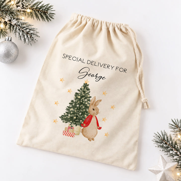 Personalised Red, Pink Or Blue Rabbit Christmas Canvas Santa Sack