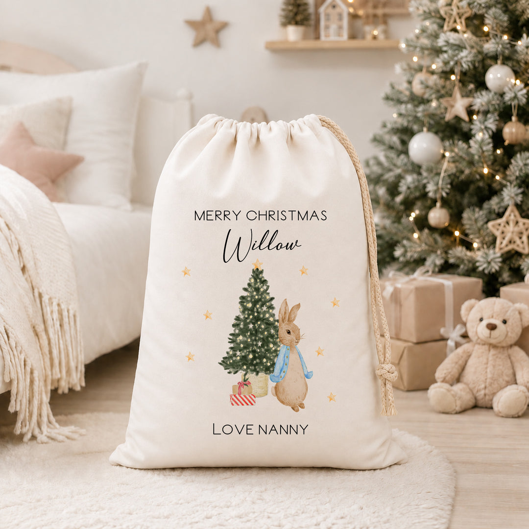Personalised Red, Pink Or Blue Rabbit Christmas Canvas Santa Sack