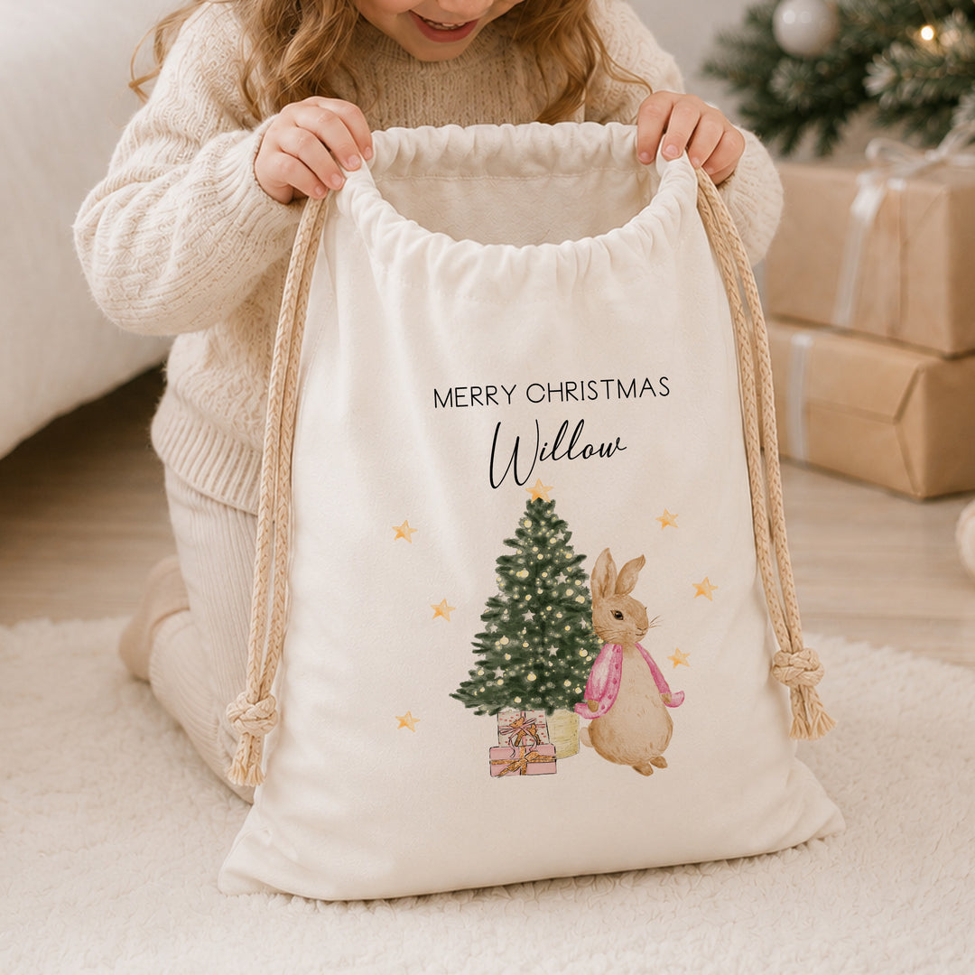 Personalised Red, Pink Or Blue Rabbit Christmas Canvas Santa Sack