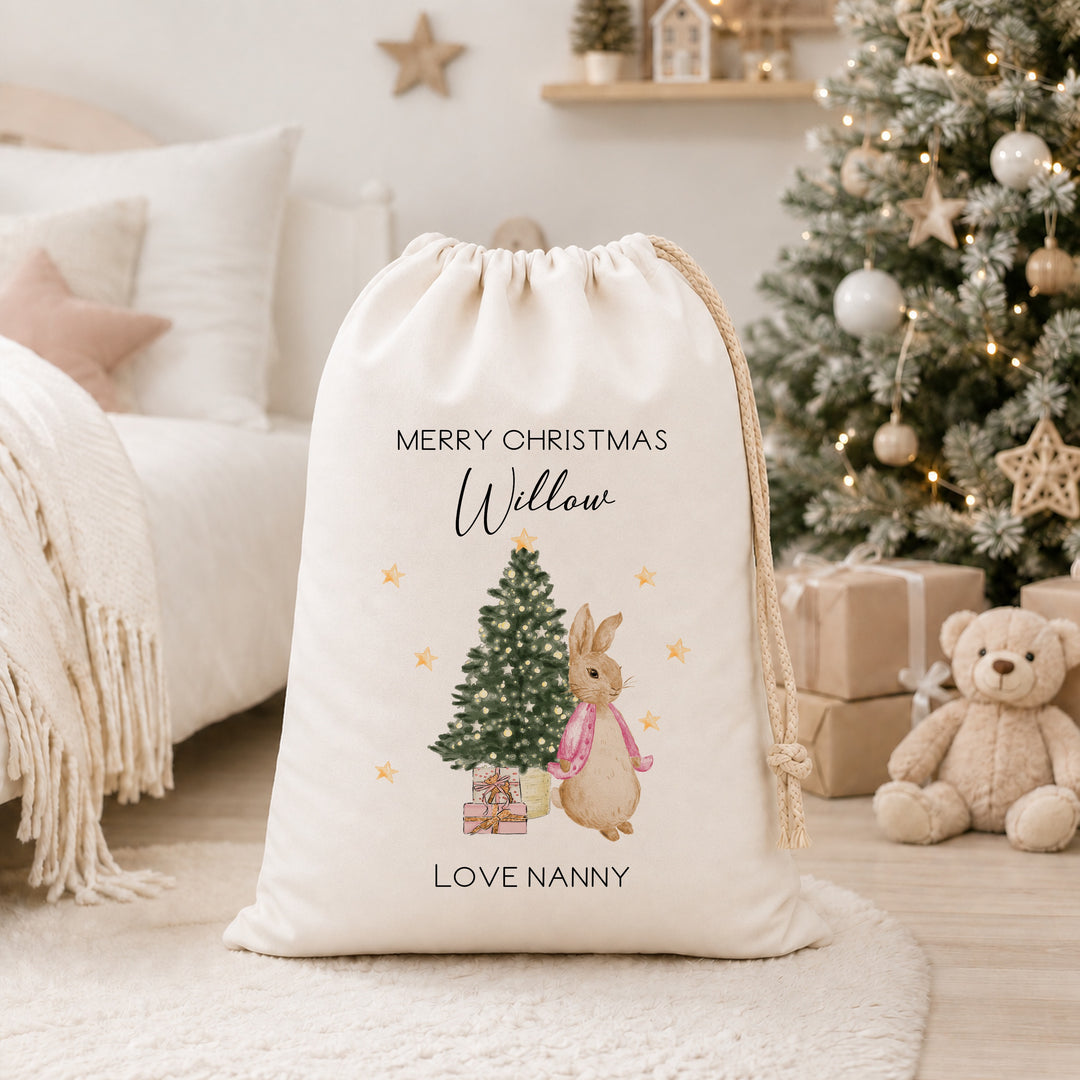 Personalised Red, Pink Or Blue Rabbit Christmas Canvas Santa Sack
