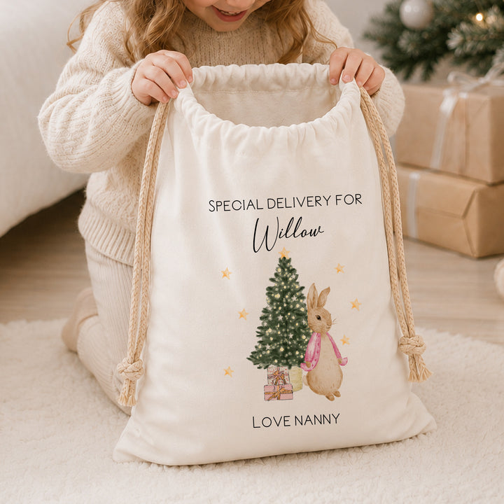 Personalised Red, Pink Or Blue Rabbit Christmas Canvas Santa Sack