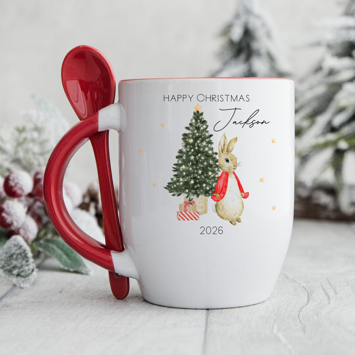 Personalised Red Rabbit Happy Christmas Mug