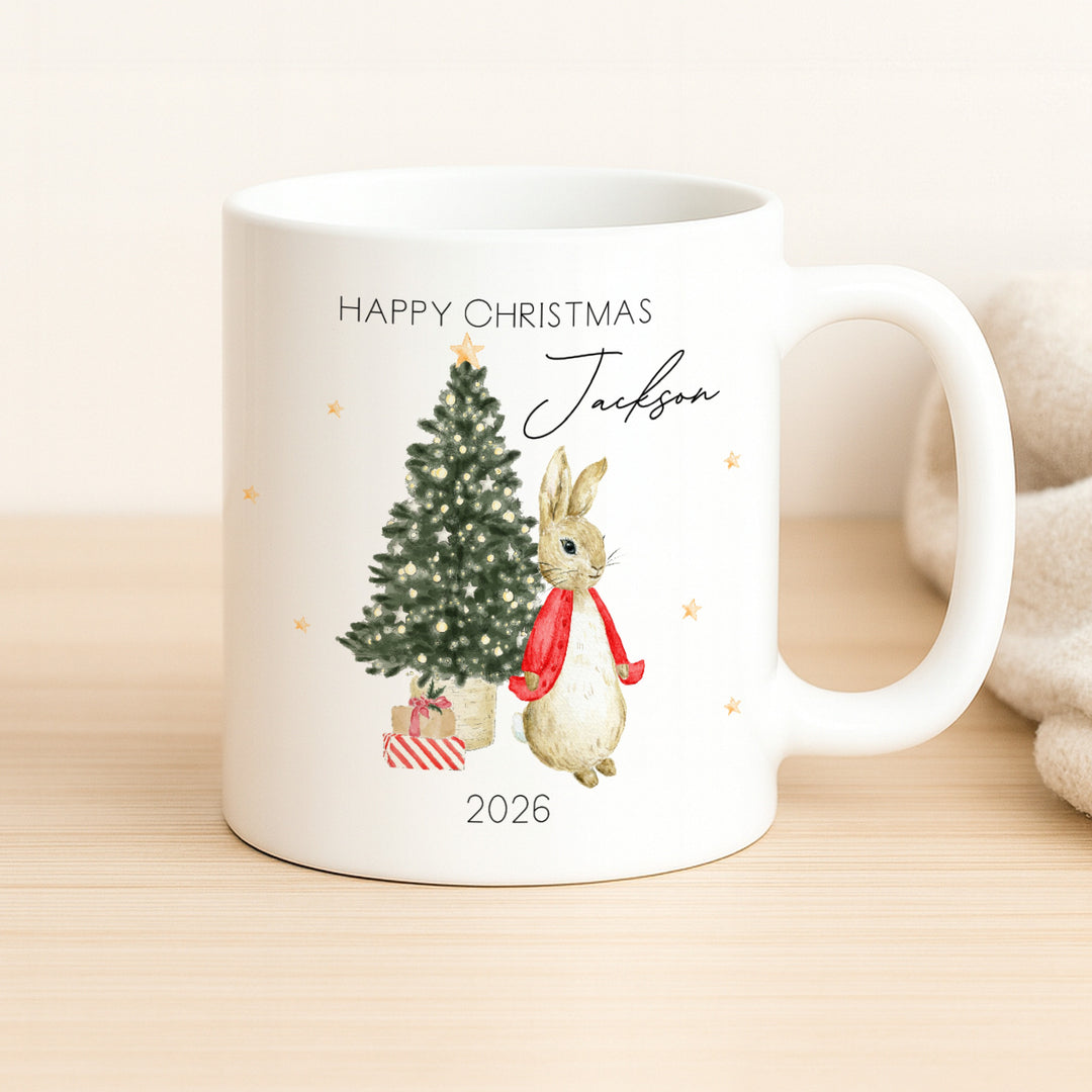 Personalised Red Rabbit Happy Christmas Mug