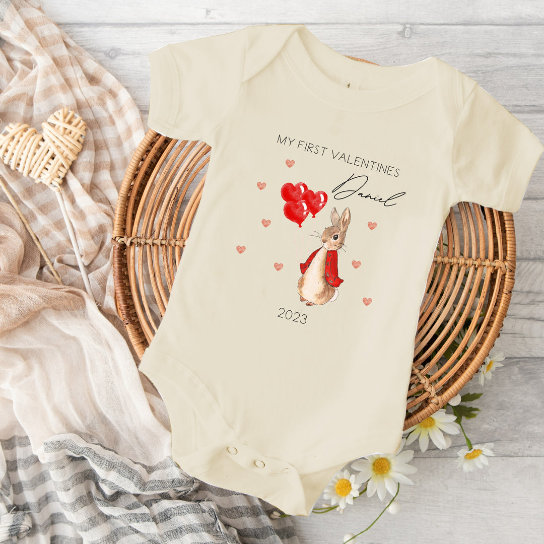 Personalised First Valentines Red Rabbit Beige Babygrow/Vest