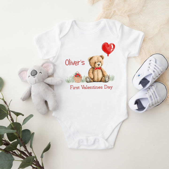 Personalised First Valentines Red Teddy Babygrow/Vest