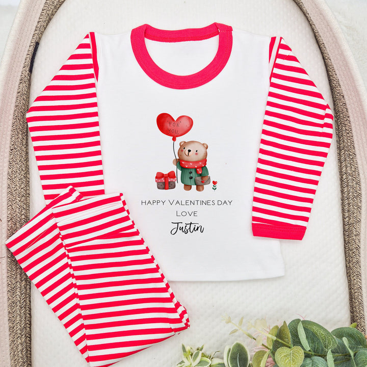 Personalised Happy Valentines Little Bear Red Striped Pyjamas