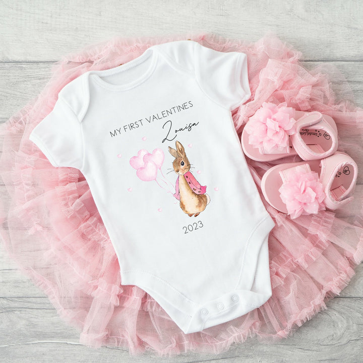 Personalised First Valentines Pink Rabbit Babygrow/Vest