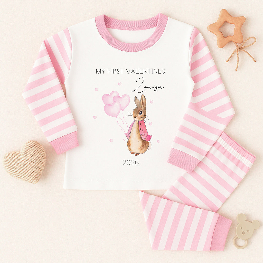 Personalised Valentines Pink Rabbit Pink Striped Pyjamas