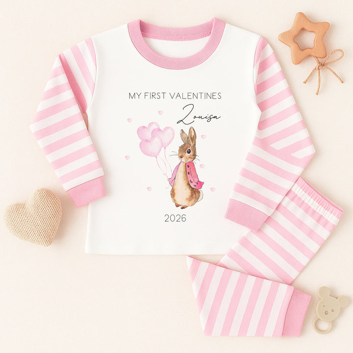 Personalised Valentines Pink Rabbit Pink Striped Pyjamas
