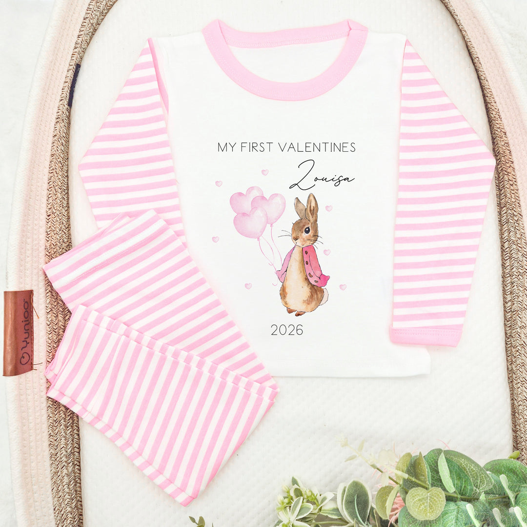 Personalised Valentines Pink Rabbit Pink Striped Pyjamas