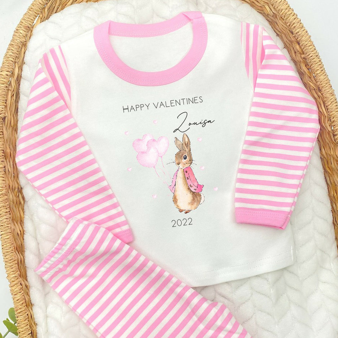 Personalised Valentines Pink Rabbit Pink Striped Pyjamas