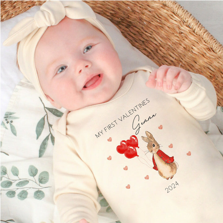 Personalised First Valentines Red Rabbit Beige Babygrow/Vest