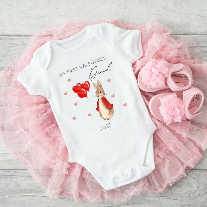 Personalised First Valentines Red Rabbit  Babygrow